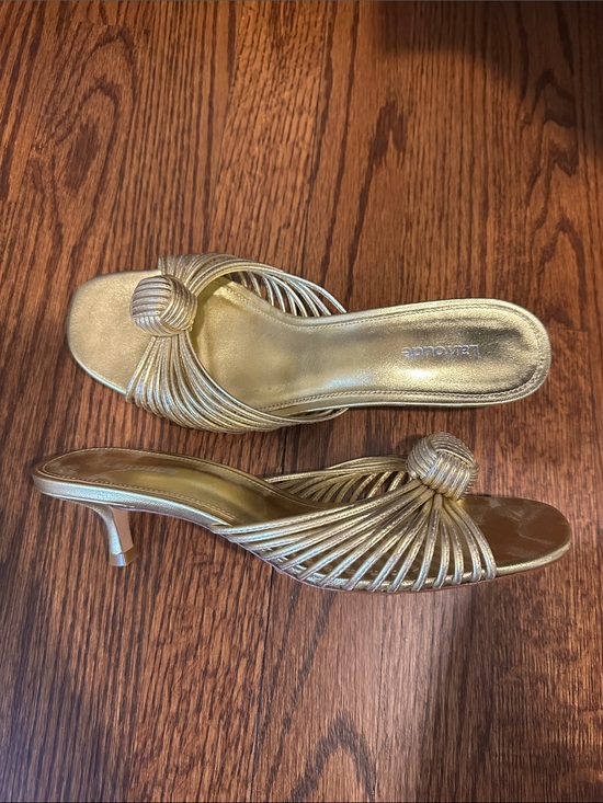 Larroude Shoes - Larroude Metallic Gold Knot Strap Mule Heels
